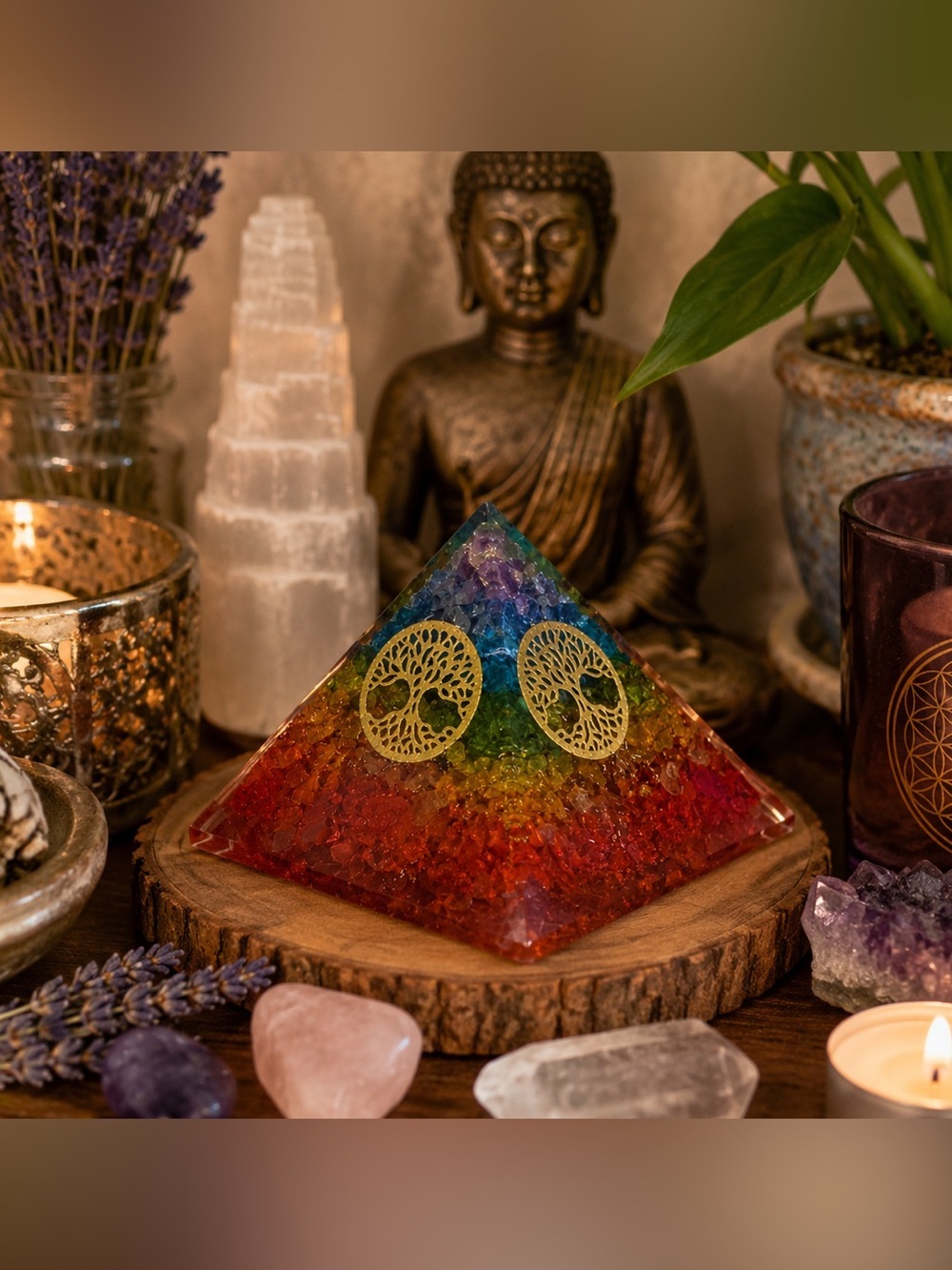 Orgonite Chakra Pyramid Tree of Life | Crystal Energy Healing Decor